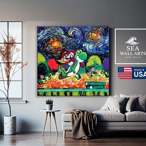 May include: A large square canvas print featuring a vibrant, textured painting of Mario and Yoshi. The artwork is set against a swirling, starry night sky with bold brushstrokes. The print is labeled "Sea Wall Arts Home Decor" and "Made in USA."