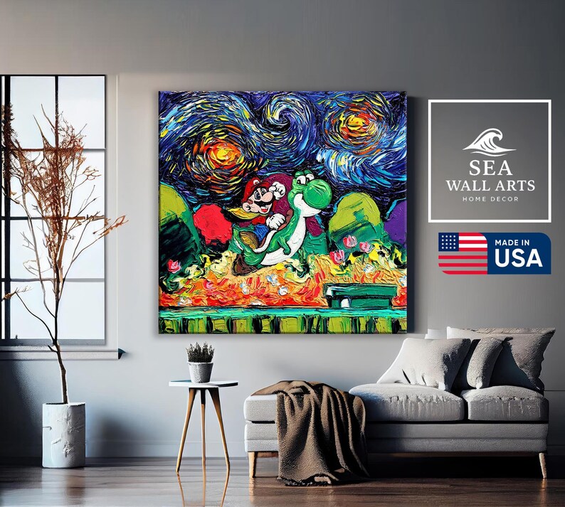 May include: A large square canvas print featuring a vibrant, textured painting of Mario and Yoshi. The artwork is set against a swirling, starry night sky with bold brushstrokes. The print is labeled "Sea Wall Arts Home Decor" and "Made in USA."
