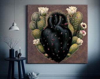 Tela de coração de cacto mexicano, pintura de arte popular mexicana, arte de parede mexicana, arte de parede de cacto, arte de parede vintage, decoração de parede boho, impressão de cacto