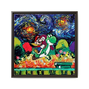 May include: A framed canvas print featuring a vibrant, textured painting of Mario riding Yoshi under a swirling night sky. The artwork blends the iconic video game characters with a Van Gogh-inspired style, showcasing bold brushstrokes and vivid colors.