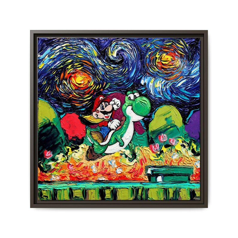 May include: A framed canvas print featuring a vibrant, textured painting of Mario riding Yoshi under a swirling night sky. The artwork blends the iconic video game characters with a Van Gogh-inspired style, showcasing bold brushstrokes and vivid colors.