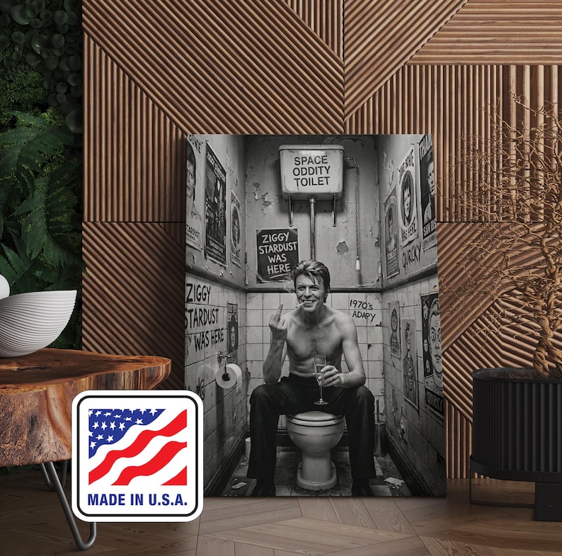 Peut inclure: Impression en noir et blanc d'un homme assis sur des toilettes, tenant un verre et faisant un geste obsc&egrave;ne. Le mur est orn&eacute; d'affiches et de l'inscription "SPACE ODDITY TOILET" et "ZIGGY STARDUST WAS HERE".