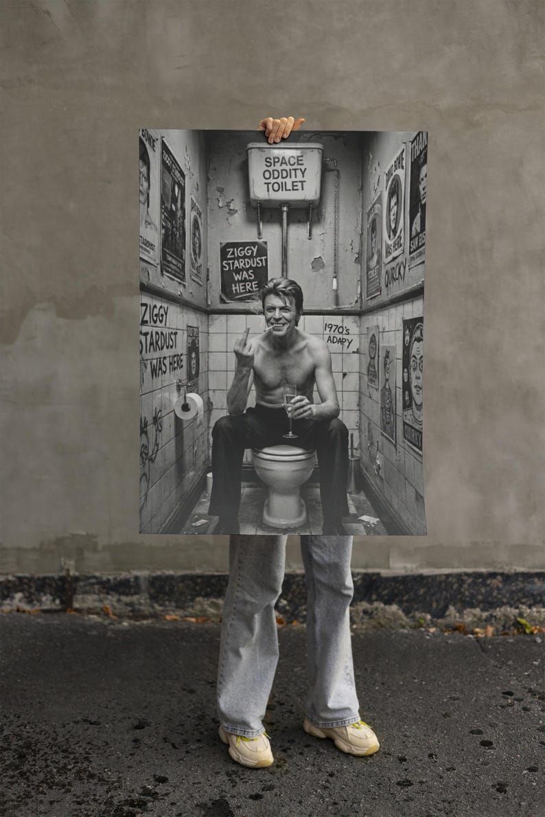 Peut inclure: Impression en noir et blanc repr&eacute;sentant un homme assis sur des toilettes dans une salle de bain. L'impression comprend le texte "Space Oddity Toilet" et "Ziggy Stardust Was Here". L'homme tient un verre et fait un geste obsc&egrave;ne.
