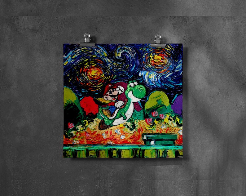 May include: Square print of a painting featuring Mario and Yoshi in a starry night scene. The artwork has a textured, painted appearance with vibrant colors. Mario is in a red hat and blue overalls, riding a green Yoshi.