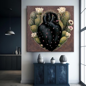 May include: A large square canvas art piece featuring a black cactus heart surrounded by green cacti and white flowers. The artwork hangs above a dark blue cabinet with decorative vases.