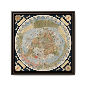 May include: A framed, vintage-style map of the world, featuring a circular design with detailed landmasses in shades of green, brown, and red. The map is surrounded by a blue border with decorative elements and is encased in a dark brown frame.