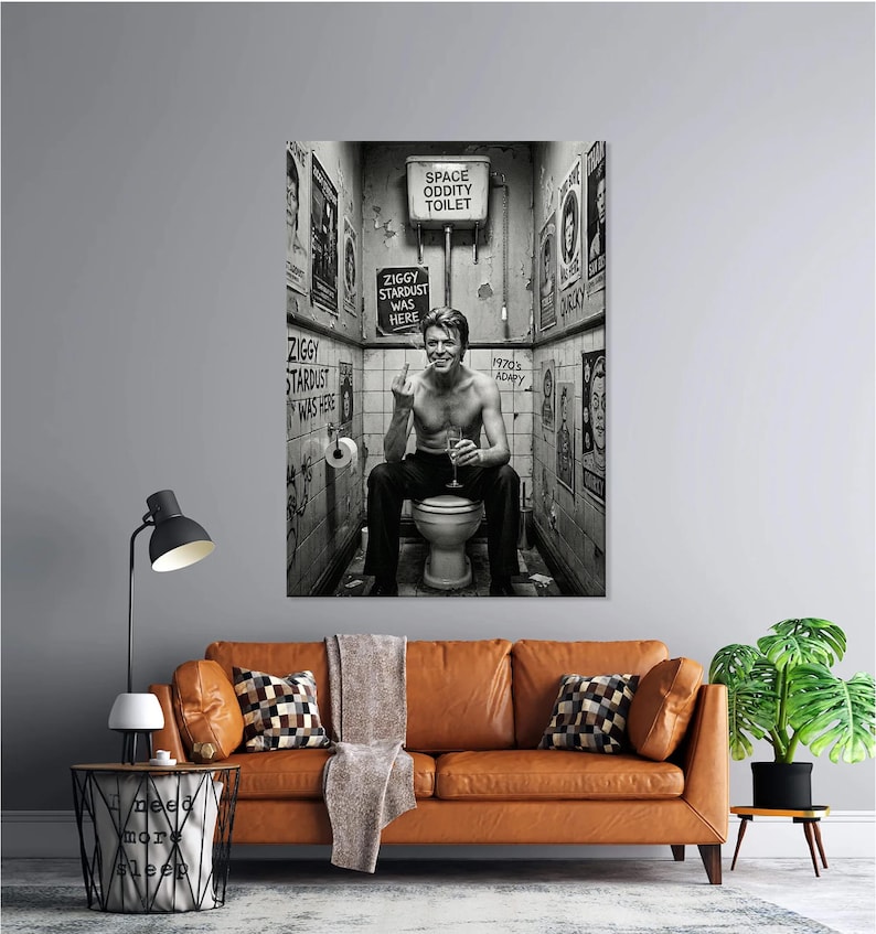 Peut inclure: Impression d'art murale en noir et blanc repr&eacute;sentant une personne assise sur des toilettes dans une salle de bain. Les murs sont couverts d'affiches et d'enseignes, dont "Space Oddity Toilet" et "Ziggy Stardust Was Here."