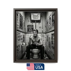 Peut inclure: Impression encadr&eacute;e en noir et blanc repr&eacute;sentant un homme assis sur des toilettes, tenant un verre et faisant un geste obsc&egrave;ne. Les murs sont couverts d'affiches, avec du texte tel que "SPACE ODDITY TOILET" et "ZIGGY STARDUST WAS HERE". L'impression est marqu&eacute;e "MADE IN USA".