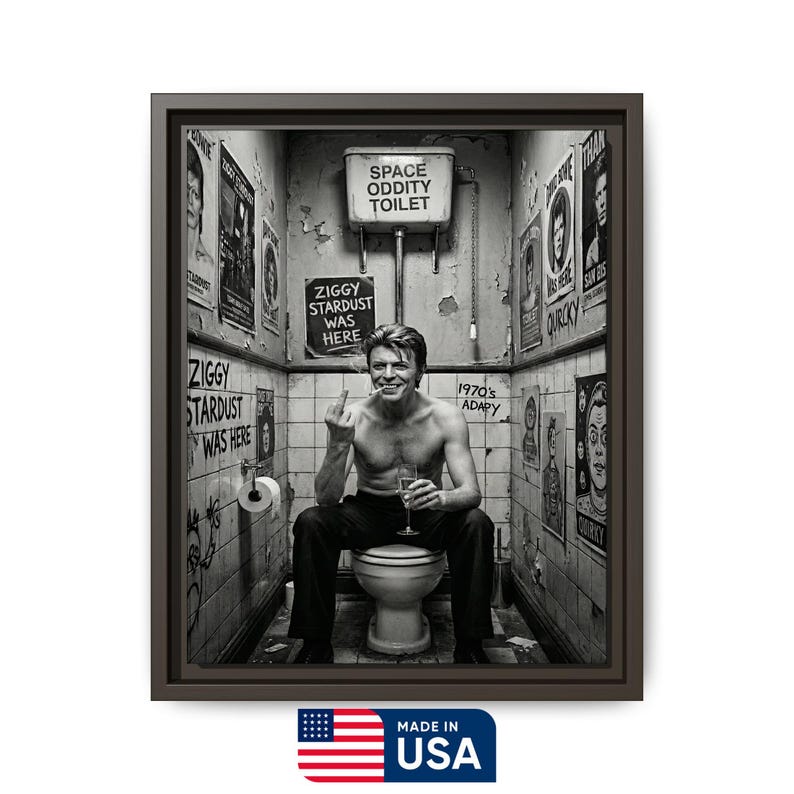 Peut inclure: Impression encadr&eacute;e en noir et blanc repr&eacute;sentant un homme assis sur des toilettes, tenant un verre et faisant un geste obsc&egrave;ne. Les murs sont couverts d'affiches, avec du texte tel que "SPACE ODDITY TOILET" et "ZIGGY STARDUST WAS HERE". L'impression est marqu&eacute;e "MADE IN USA".