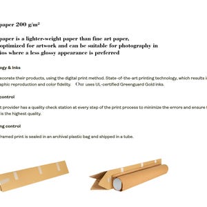 May include: Image showing details about matte paper, printing technology, and packaging. The text describes the paper weight, printing methods, and quality control measures. Two brown cardboard packages are also shown.