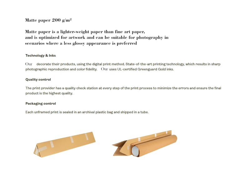 May include: Image showing details about matte paper, printing technology, and packaging. The text describes the paper weight, printing methods, and quality control measures. Two brown cardboard packages are also shown.