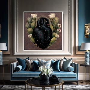 May include: A framed artwork featuring a stylized black cactus heart surrounded by green cacti and white flowers. The artwork is displayed in a luxurious living room with a blue sofa, decorative pillows, and matching lamps.