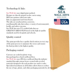 Peut inclure: Une bo&icirc;te en carton avec du texte d&eacute;crivant le processus d'impression et les mat&eacute;riaux utilis&eacute;s par Sea Wall Arts. Le texte comprend des d&eacute;tails sur les encres, le contr&ocirc;le qualit&eacute; et l'emballage. La bo&icirc;te porte le logo "Sea Wall Arts Home Decor" et le texte "Made in USA".