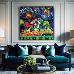 May include: A framed painting depicting Mario and Yoshi in a starry night style. The artwork features vibrant colors, with a focus on red, green, and yellow hues. The painting hangs above a teal velvet sofa with decorative pillows.
