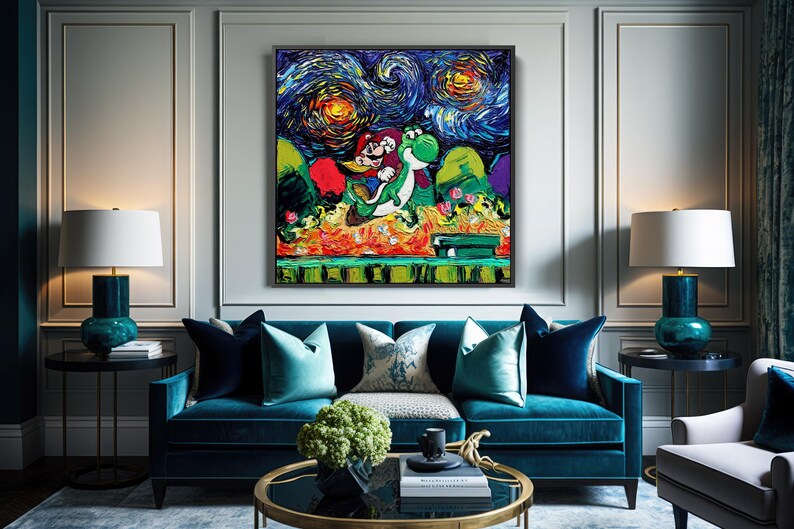 May include: A framed painting depicting Mario and Yoshi in a starry night style. The artwork features vibrant colors, with a focus on red, green, and yellow hues. The painting hangs above a teal velvet sofa with decorative pillows.