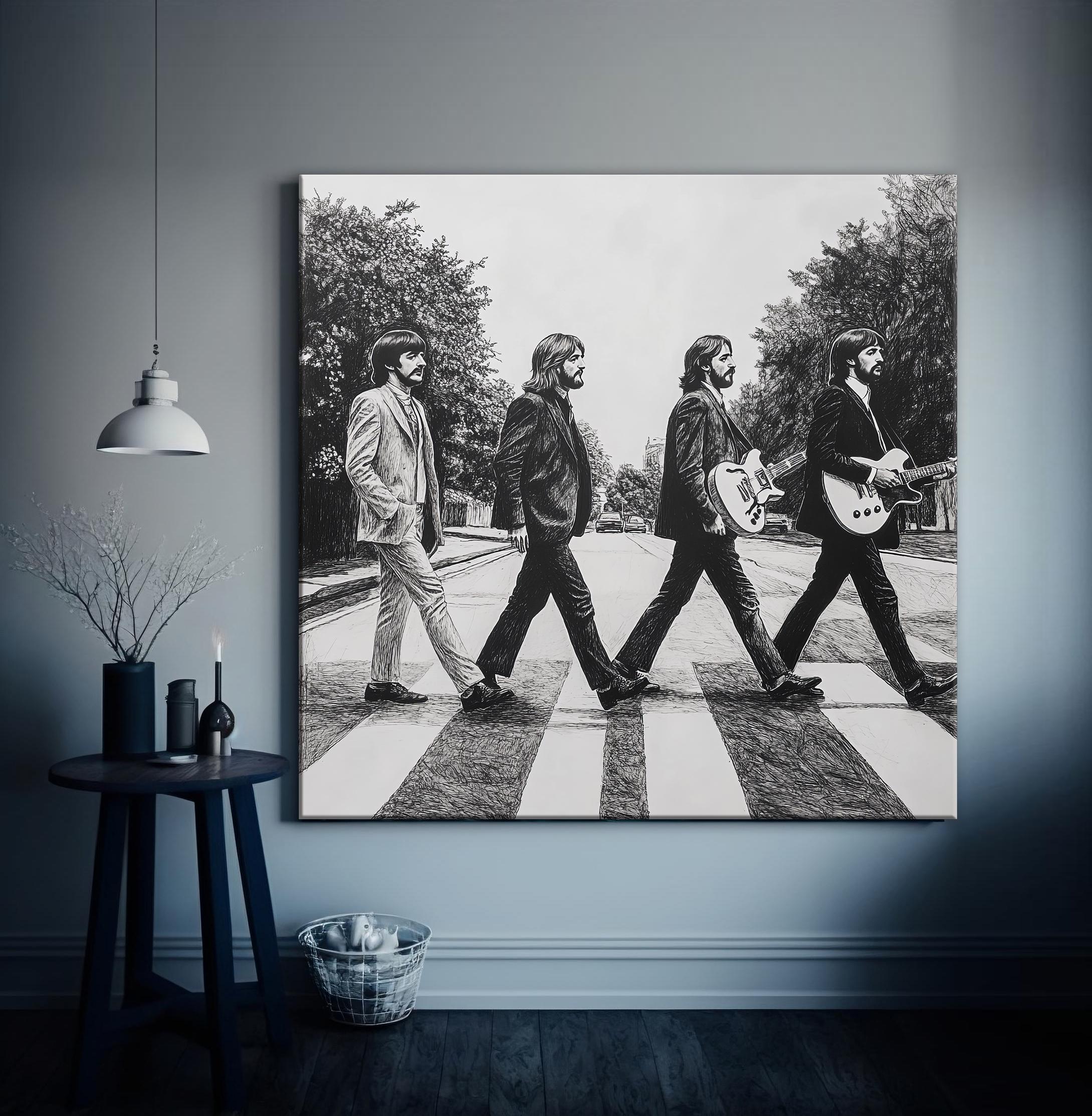 The Beatles Band Walking on the Street Black and White Canvas
