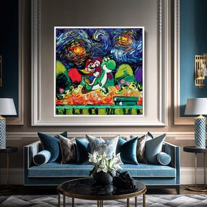 May include: A framed painting depicting Mario and Yoshi in a vibrant, impressionistic style reminiscent of Van Gogh's "Starry Night." The artwork features a colorful sky, green hills, and a green and yellow platform. The painting is displayed in a luxurious living room setting.