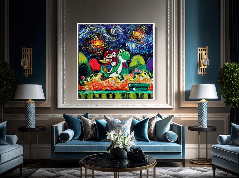May include: A framed painting depicting Mario and Yoshi in a vibrant, impressionistic style reminiscent of Van Gogh's "Starry Night." The artwork features a colorful sky, green hills, and a green and yellow platform. The painting is displayed in a luxurious living room setting.