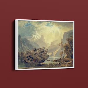 Puede incluir: Obra de arte enmarcada que representa la nave espacial Halcón Milenario en un estilo de pintura de paisaje. La obra muestra la nave cerca de un lago con montañas al fondo. La paleta de colores incluye tonos de marrón, beige y azul.
