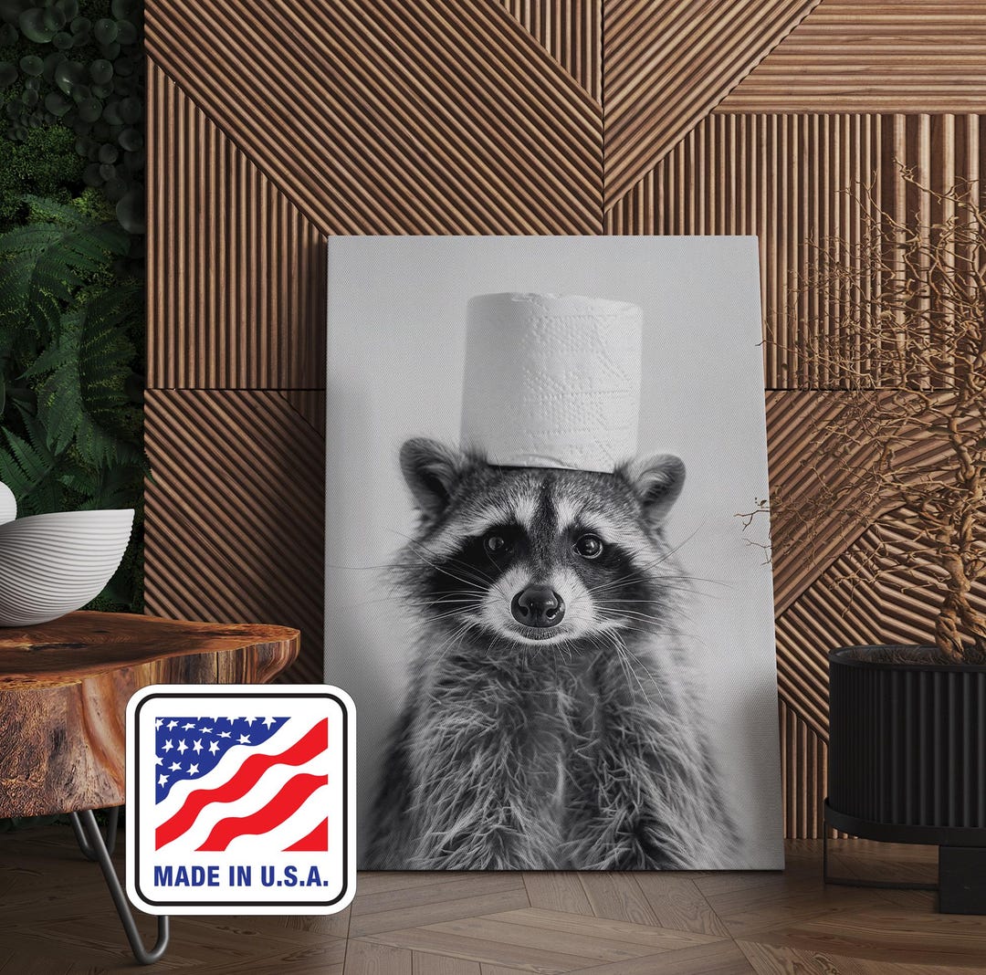 Funny Raccoon With Toilet Paper Hat, Black and White Bathroom Wall Art ...