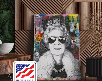 Impresión en lienzo de arte pop de la Reina Isabel II, arte mural con grafitis de Banksy