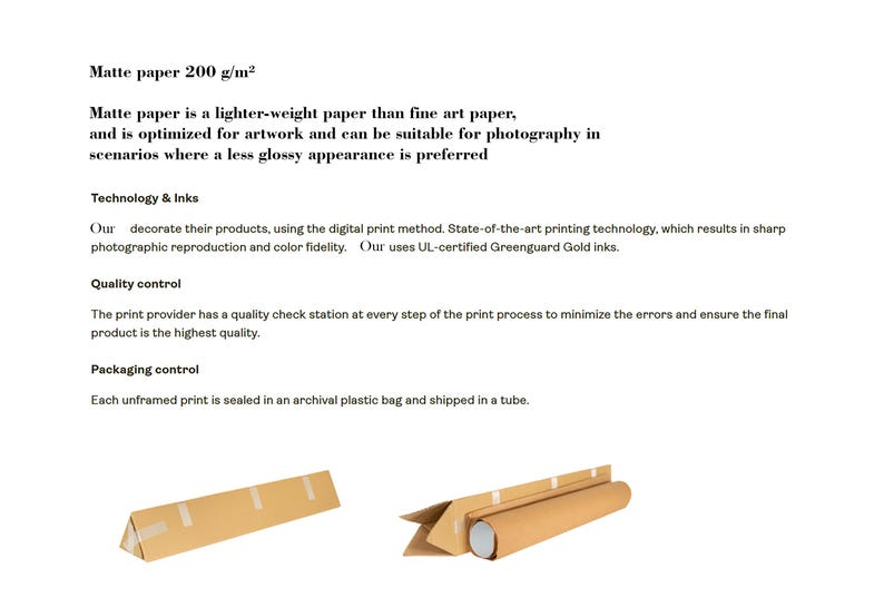 Peut inclure: Image pr&eacute;sentant des informations sur le papier mat, la technologie d'impression et l'emballage. Le texte d&eacute;crit le grammage du papier, les m&eacute;thodes d'impression et les mesures de contr&ocirc;le qualit&eacute;. Deux emballages en carton brun sont &eacute;galement visibles.