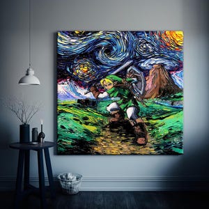 May include: A large, textured painting of a video game character in a green tunic and hat, holding a sword and shield. The background features a swirling, starry night sky and a mountain, with a vibrant green and yellow landscape.