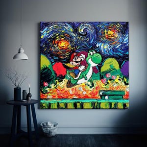 May include: A large, framed canvas art piece featuring a vibrant, textured painting of Mario and Yoshi. The artwork is set against a swirling, starry night sky with bold brushstrokes and a colorful palette of blues, oranges, greens, and reds.
