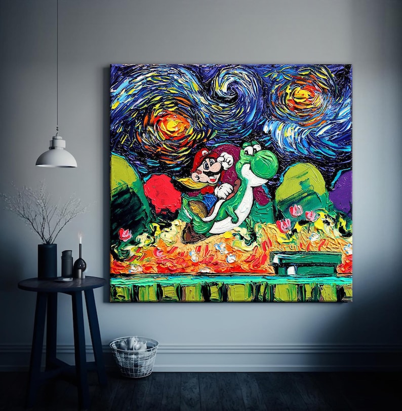 May include: A large, framed canvas art piece featuring a vibrant, textured painting of Mario and Yoshi. The artwork is set against a swirling, starry night sky with bold brushstrokes and a colorful palette of blues, oranges, greens, and reds.