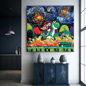 May include: A large, square canvas painting depicting Mario and Yoshi in a vibrant, impressionistic style. The artwork features a swirling night sky with bright orange and yellow orbs, reminiscent of Van Gogh's "Starry Night." The characters are set against a colorful landscape.