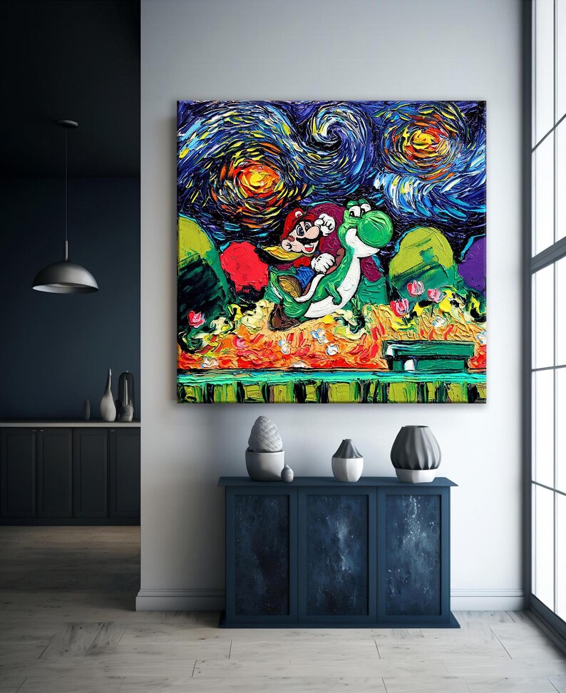 May include: A large, square canvas painting depicting Mario and Yoshi in a vibrant, impressionistic style. The artwork features a swirling night sky with bright orange and yellow orbs, reminiscent of Van Gogh's "Starry Night." The characters are set against a colorful landscape.