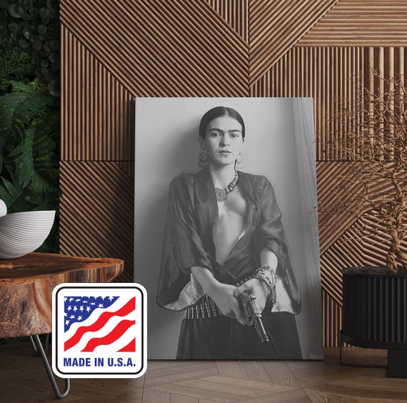 Frida Gun Rebel Woman Canvas Print, Feminist Wall Art, Surreal Canvas Portrait, Bold Female Figure