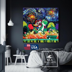 May include: A vibrant, textured painting of Mario and Yoshi under a swirling night sky, reminiscent of Van Gogh's style. The artwork features bold colors and brushstrokes, with the text "MADE IN USA" visible.