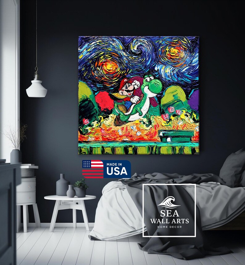 May include: A vibrant, textured painting of Mario and Yoshi under a swirling night sky, reminiscent of Van Gogh's style. The artwork features bold colors and brushstrokes, with the text "MADE IN USA" visible.