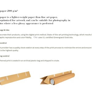 May include: Image showing details about matte paper, printing technology, and packaging. The text describes the paper weight, printing methods, and quality control measures. Two brown cardboard packages are shown, one folded and the other rolled.