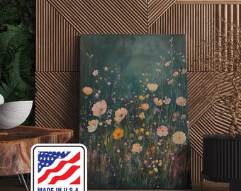 Wildflower Field Framed Wall Art, Vintage Botanical Landscape Sign, Floral Decor, Modern Farmhouse Canvas Art