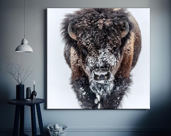 Buffalo in the snow canvas wall art Bison print Farmhouse decor Yellowstone Bison Winter bull Rustic wall art Man Cave Decor
