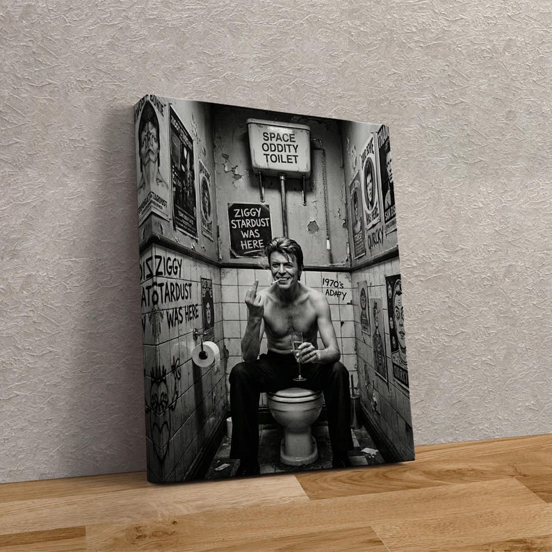 Peut inclure: Impression sur toile en noir et blanc montrant une personne assise sur des toilettes, levant un doigt et tenant un verre. Les murs sont couverts d'affiches et de graffitis, avec les textes "SPACE ODDITY TOILET" et "ZIGGY STARDUST WAS HERE".