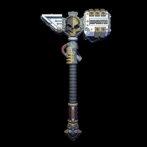 May include: A detailed war hammer with a skull design. The hammer head features the word "IMPERATOR" and a fist-like shape. The handle is ribbed and detailed with metallic accents and a decorative base.