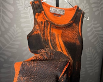 Japanese Graphic Cracked Print Black Orange Thermal Tank Top Wifebeater Shirt- L