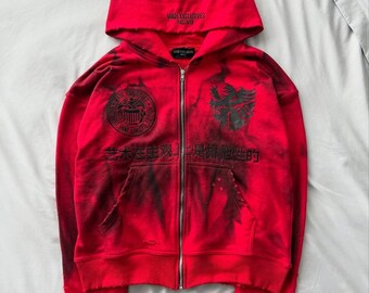 ヴィンテージ風ダーティウォッシュ刺繍入りレッドジップアップパーカー サイズM