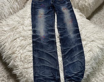 Pantalones vaqueros de mezclilla de tiro bajo con efecto desgastado y pedrería vintage, color azul marino, talla 30x30.