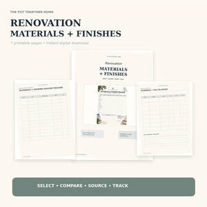 Puede incluir: Un conjunto de siete páginas imprimibles tituladas Renovation Materials + Finishes, que incluyen un rastreador maestro y un planificador de suelos y azulejos. Los documentos contienen tablas para seguir detalles con el texto Select, Compare, Source, Track.