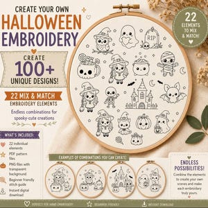 Pode incluir: Um conjunto de padrões de bordado digital intitulado Create Your Own Halloween Embroidery com 22 elementos combináveis como fantasmas, bruxas, caveiras e abóboras. Inclui arquivos PDF e PNG para bordado à mão com guias para iniciantes.