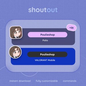 Puede incluir: Una interfaz gráfica digital titulada shoutout que presenta dos paneles rectangulares redondeados. El panel superior es de color morado oscuro con una barra morada clara etiquetada como Poulieshop y Palia. El panel inferior es azul con una barra negra etiquetada como Poulieshop y VALORANT Mobile. Cada fila incluye un avatar circular de un personaje de dibujos animados con cabello castaño.
