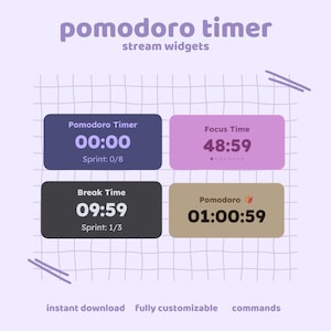 May include: A digital graphic showing a pomodoro timer with four coloured boxes. The boxes display time intervals for focus, break, and pomodoro sessions. Text includes "instant download", "fully customisable", and "commands".