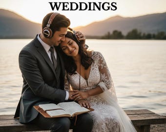 Puede incluir: Una pareja con auriculares, sentada en un banco, con un lago y montañas al fondo. El texto "PERSONALIZED SONG FOR WEDDINGS" está en la parte superior de la imagen. La pareja está mirando un libro con partituras.