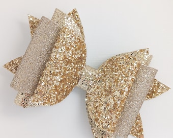 Gold Glitter Hair Bow, Sparkly Faux Leather Clip for Girls, Large Birthday Bow