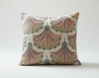 Embroidered Botanical Pillow Cover, Blush Blue Floral Fan Cushion, Designer Decor