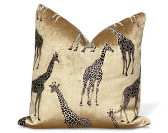 Giraffe Print Velvet Pillow Cover • Gold Safari Animal Cushion